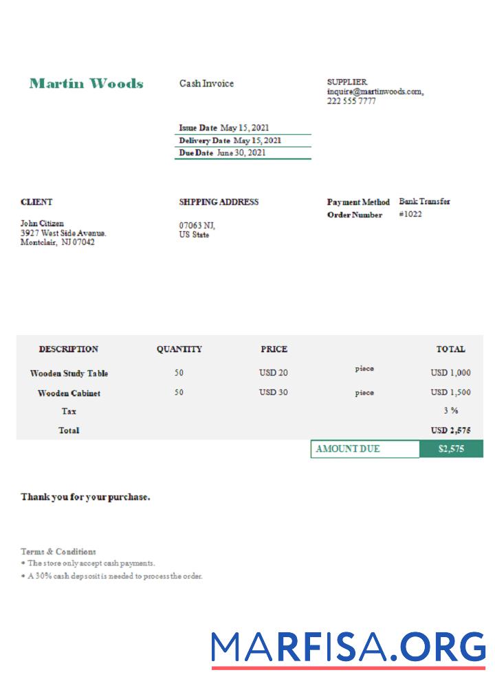 Realistic USA Martin Woods invoice sample